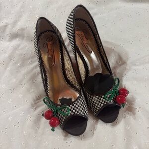 Poetic License Checkered Peep-Toe Heels with Cherry Accents